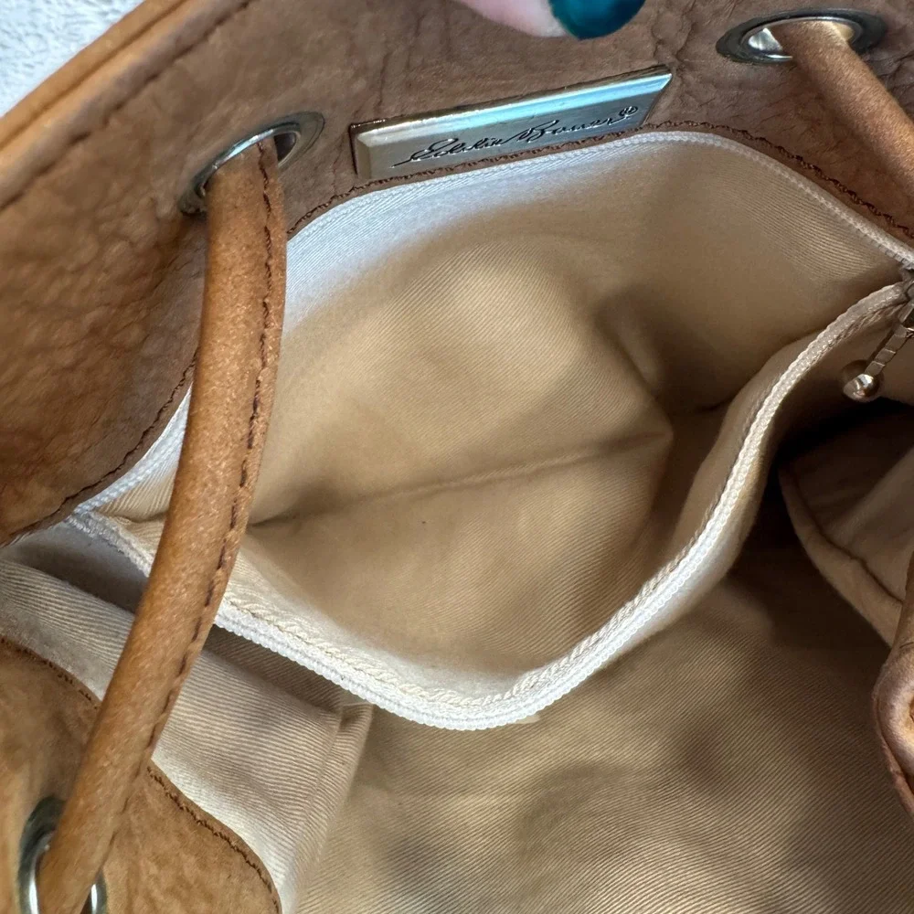 Eddie Bauer Tan Suede Leather Bag Drawstring One Shoulder Backpack Purse‎
